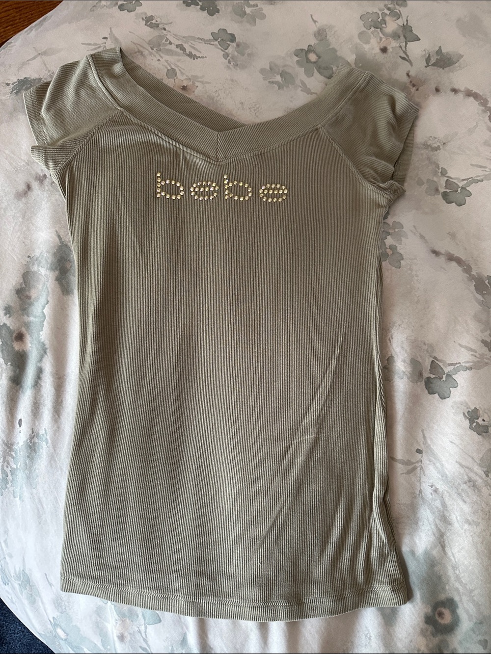 bebe Sage V-Neck Short Sleeve Top with Rhinestone Logo